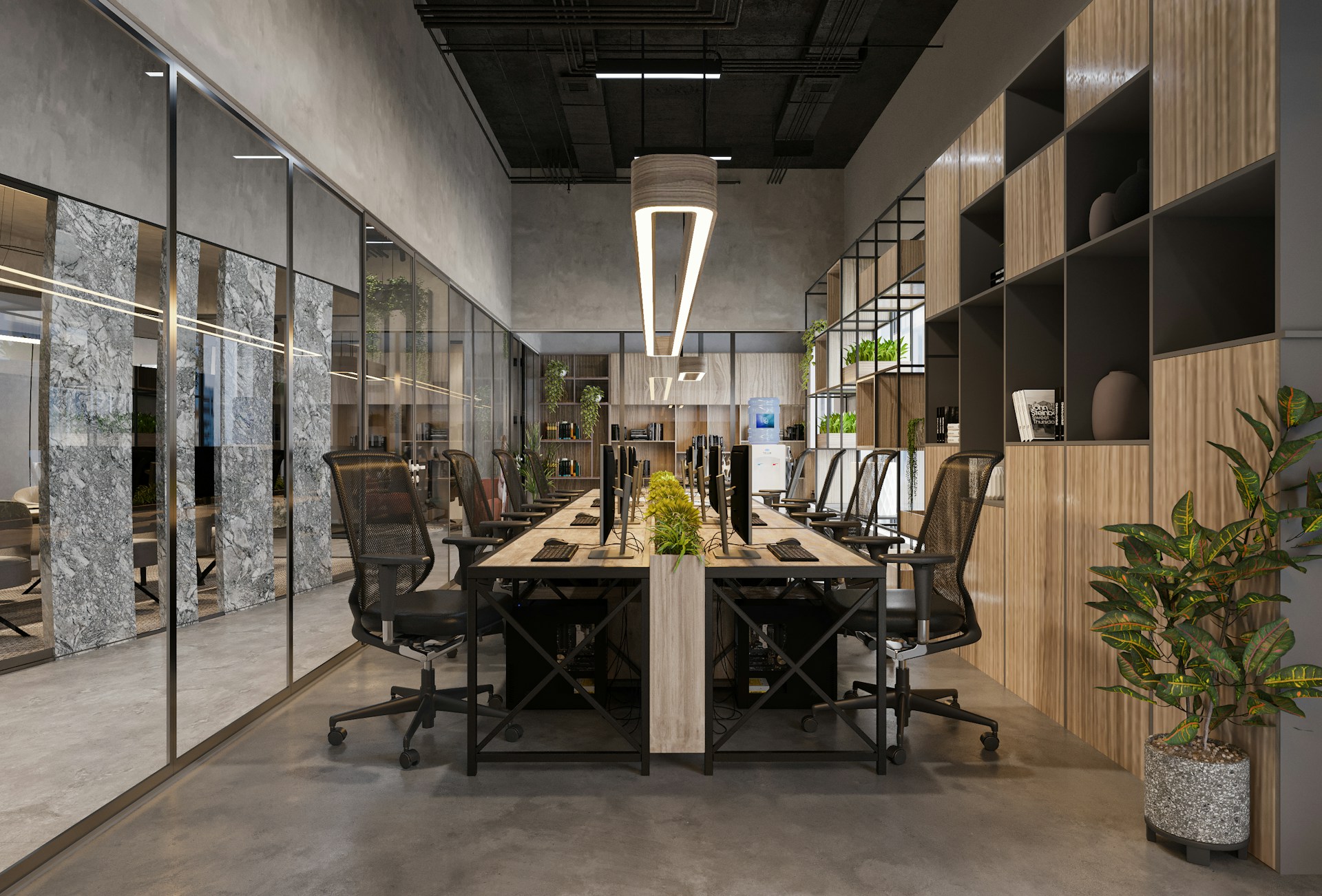 a large conference room with a long table and chairs