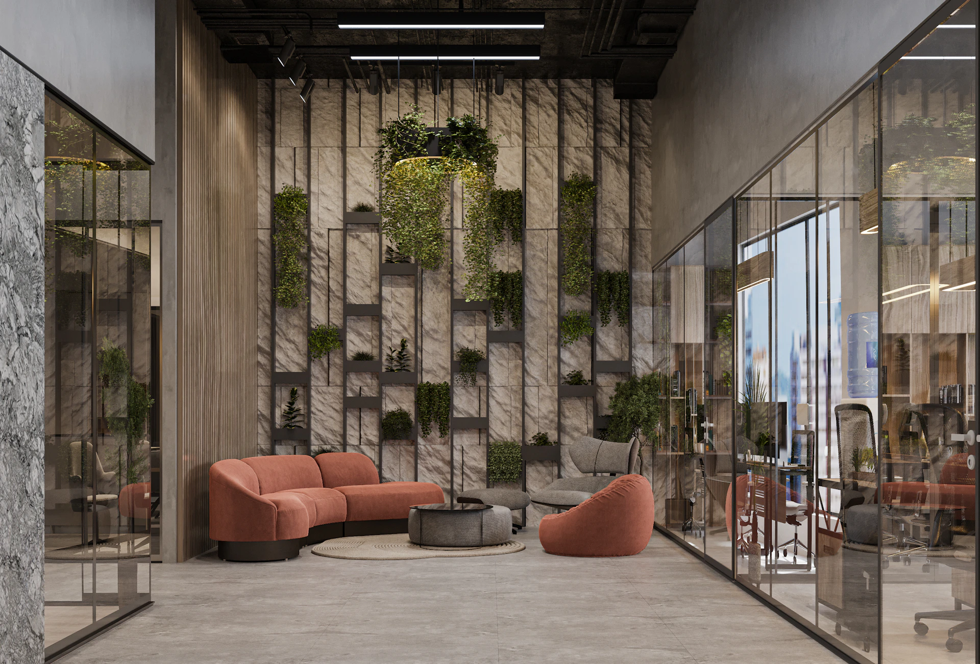 a room with a couch, chair, table and mirror walls