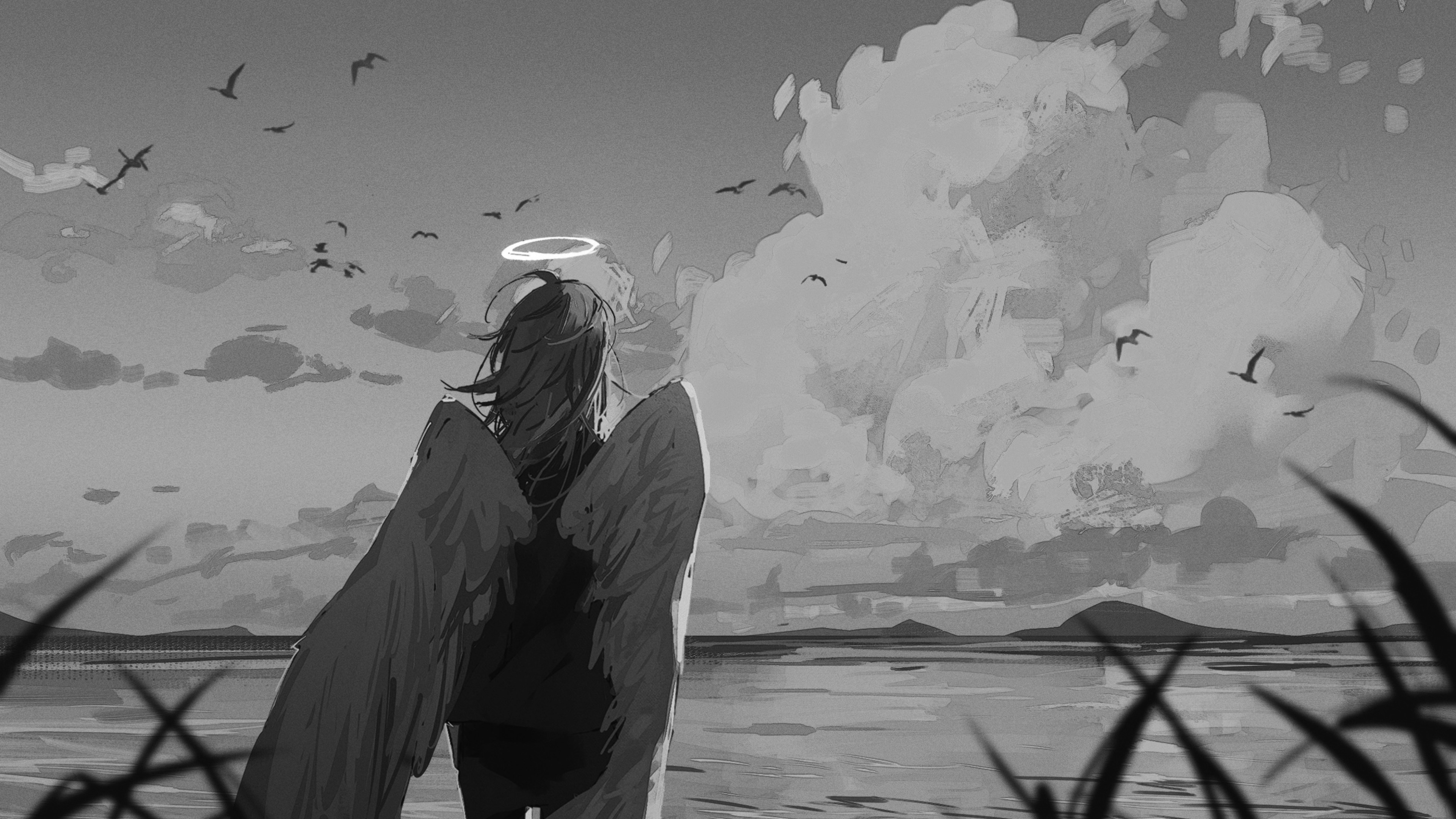 머리 위에 후광이 있는 해변에 서 있는 사람