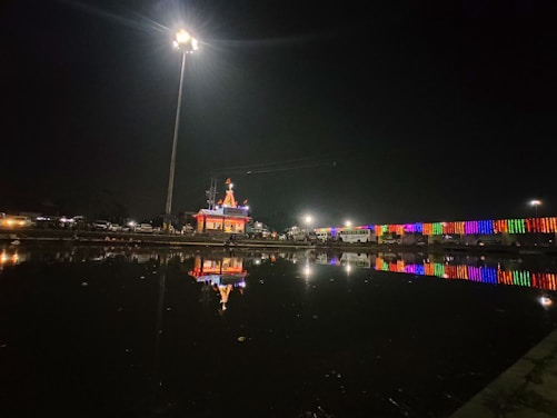 a large body of water sitting under a street light