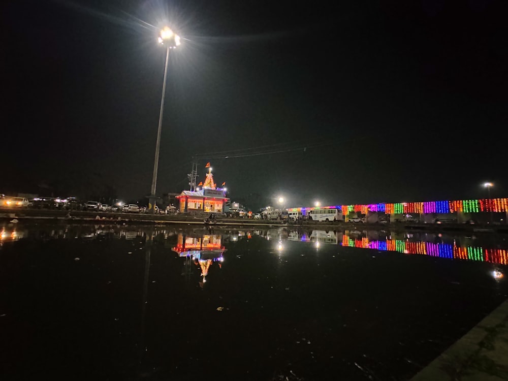 a large body of water sitting under a street light