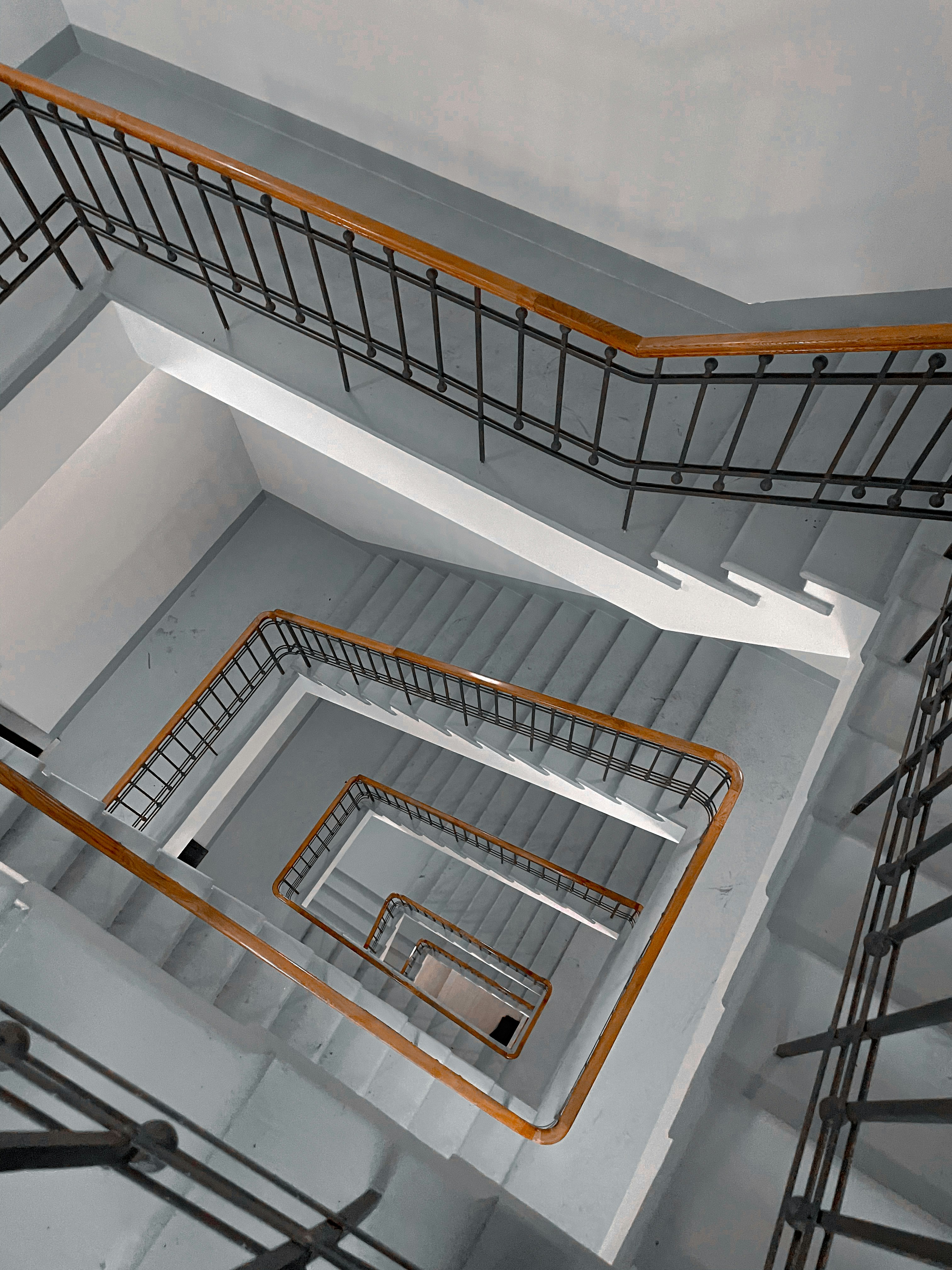 Spiral staircase from an overhead angle.