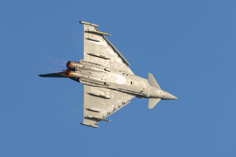 a fighter jet flying through a blue sky