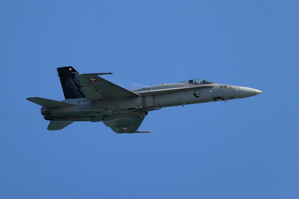 a fighter jet flying through a blue sky