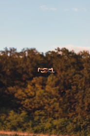 a small airplane flying over a lush green forest