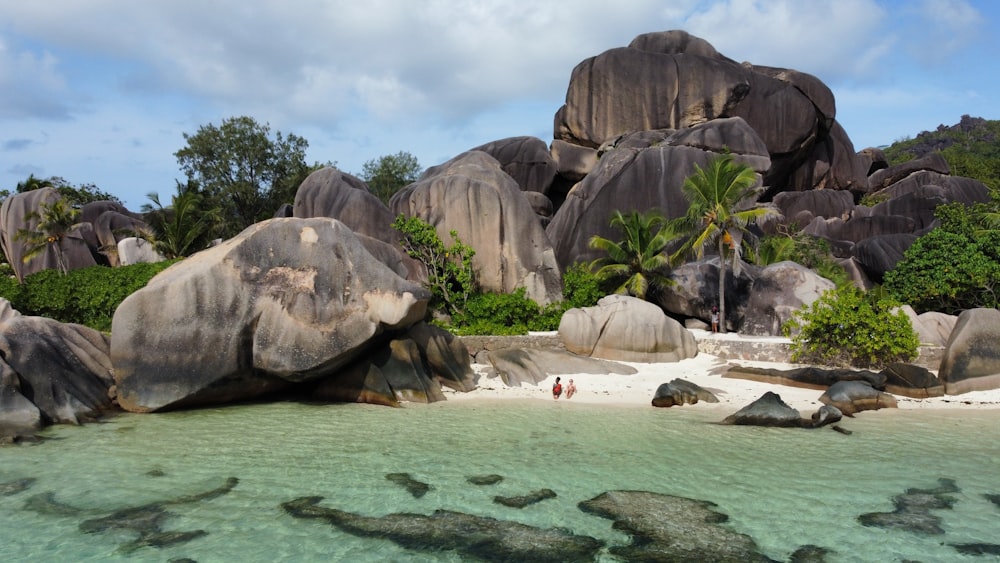 un groupe de personnes debout au sommet d’une plage de sable