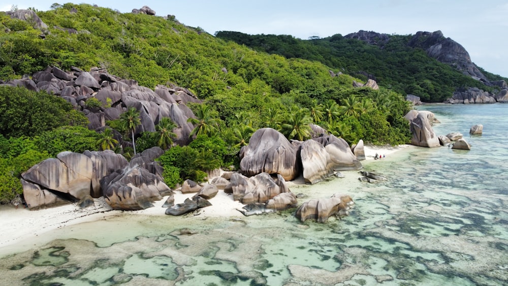 an aerial view of a beach with rocks and water