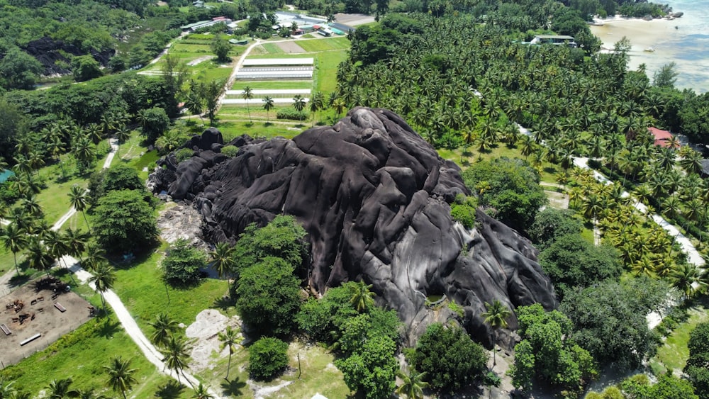 an aerial view of a large rock formation surrounded by trees