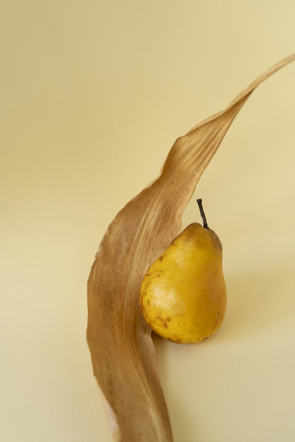 ein Stück Holz mit einer Birne drauf