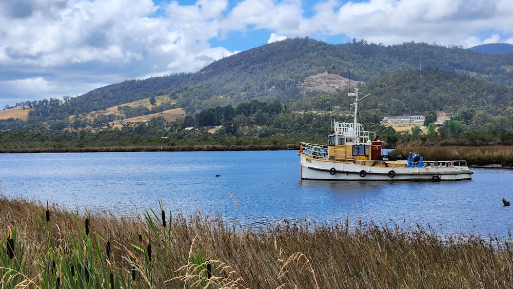 a boat floating on top of a lake next to a lush green hillside