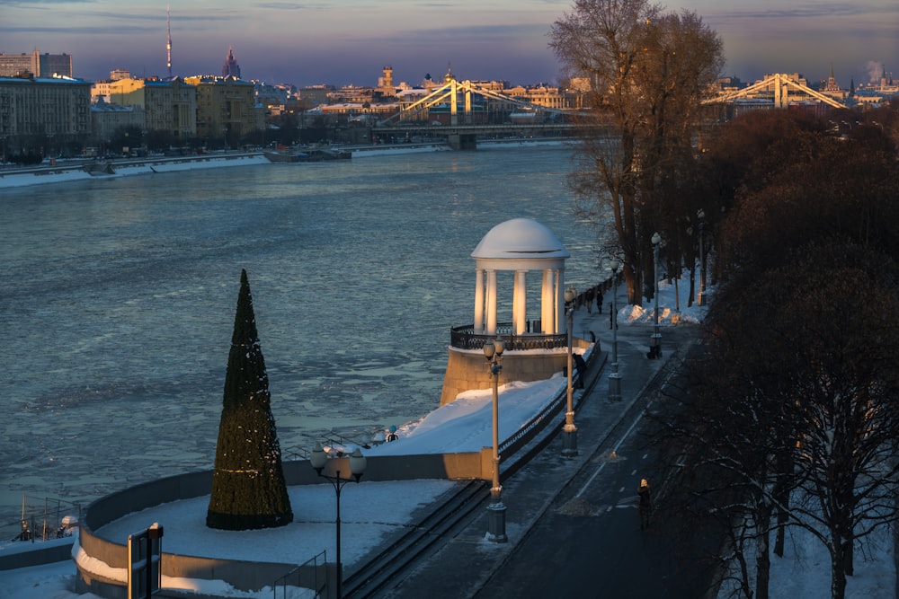 a view of a river and a city in the background