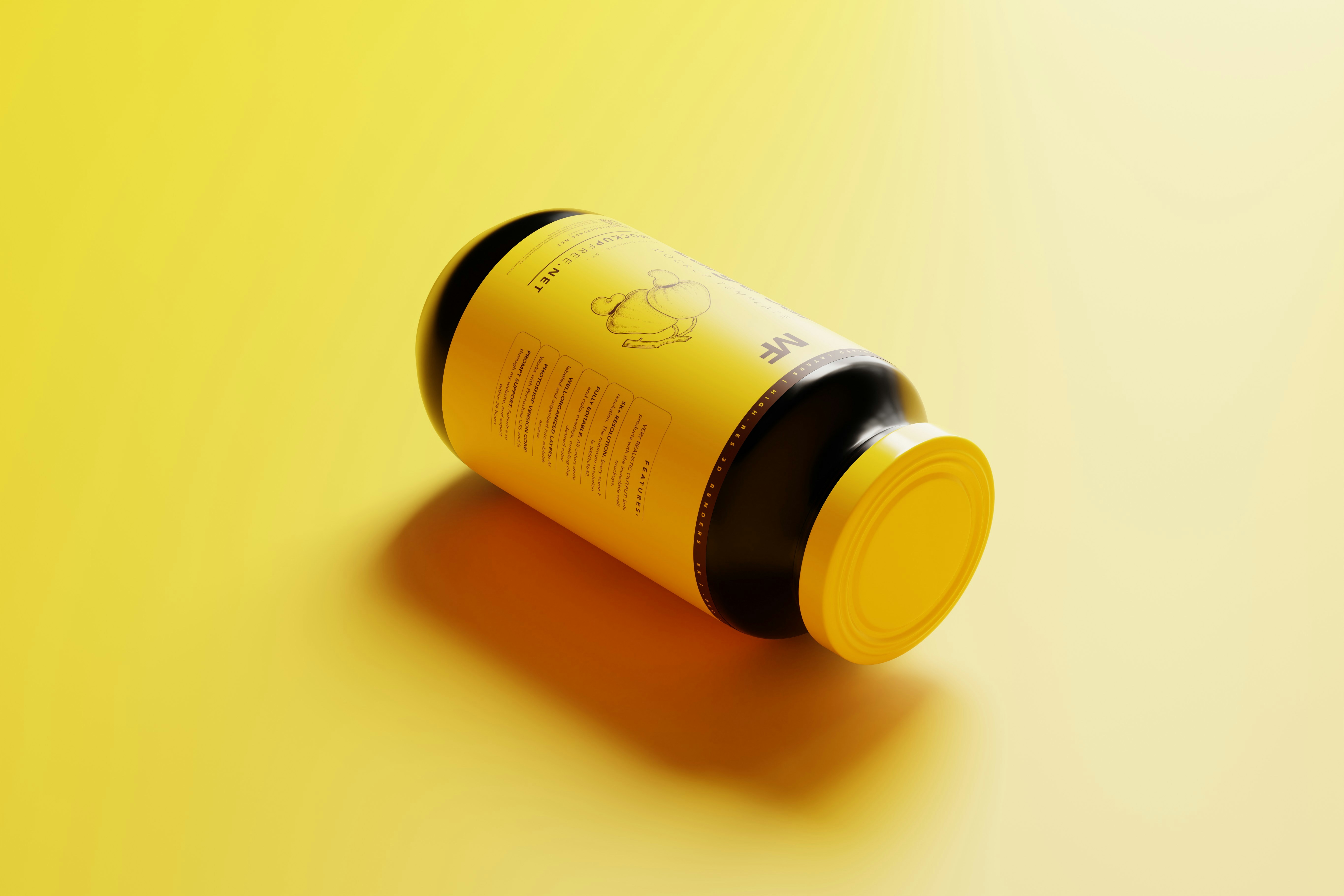 a bottle of mustard sitting on a yellow surface