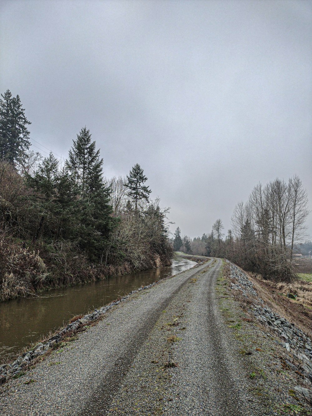 a gravel road next to a body of water