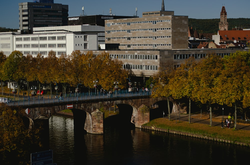 a bridge over a body of water with buildings in the background