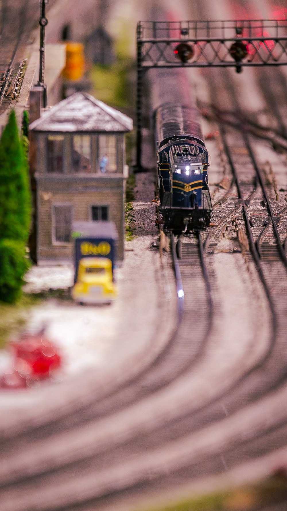a toy train is coming down the tracks