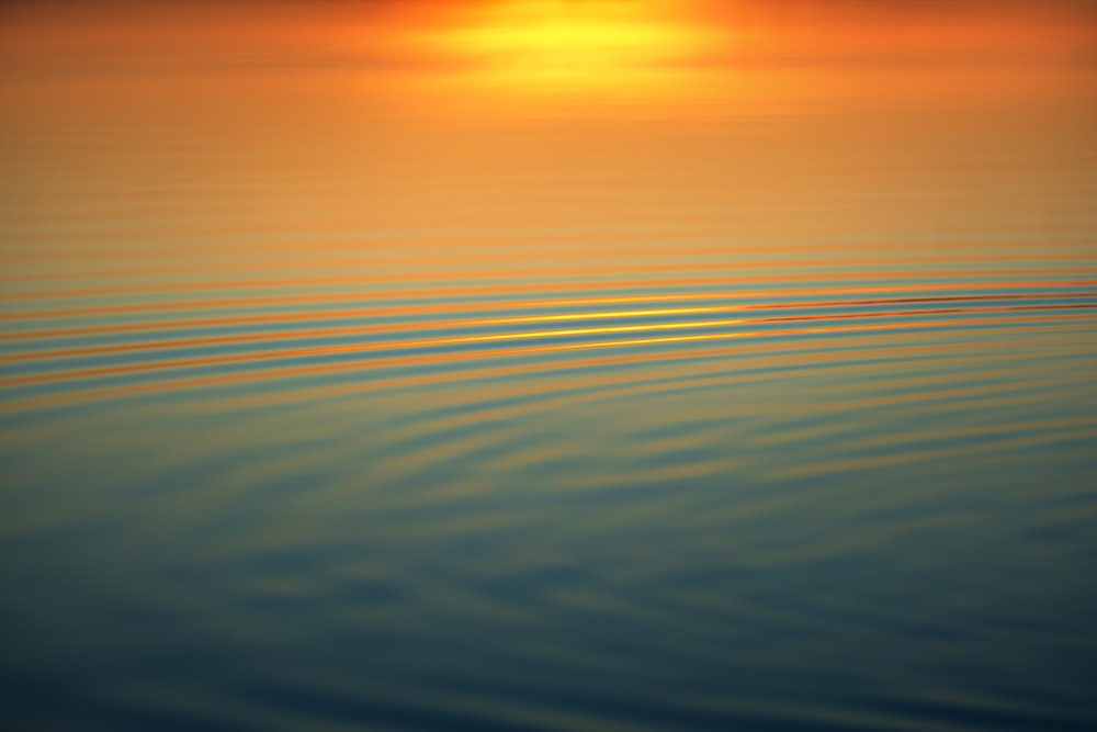 Un cuerpo de agua con una puesta de sol de fondo
