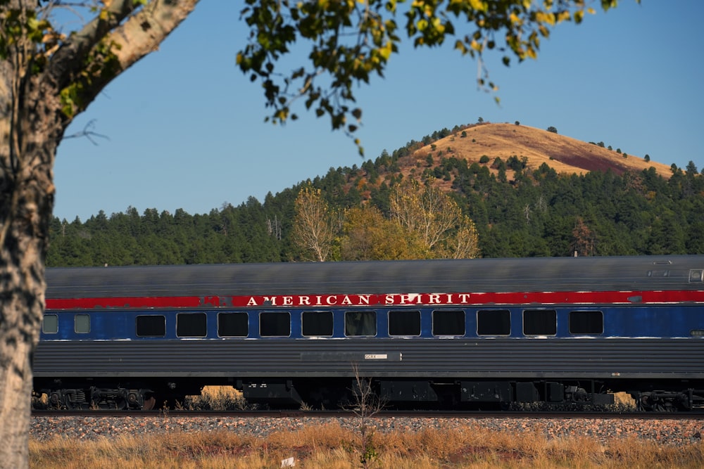 a train traveling through a rural countryside with a mountain in the background