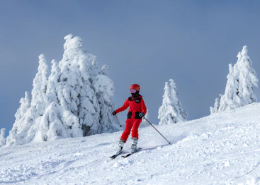 a person riding skis down a snow covered slope