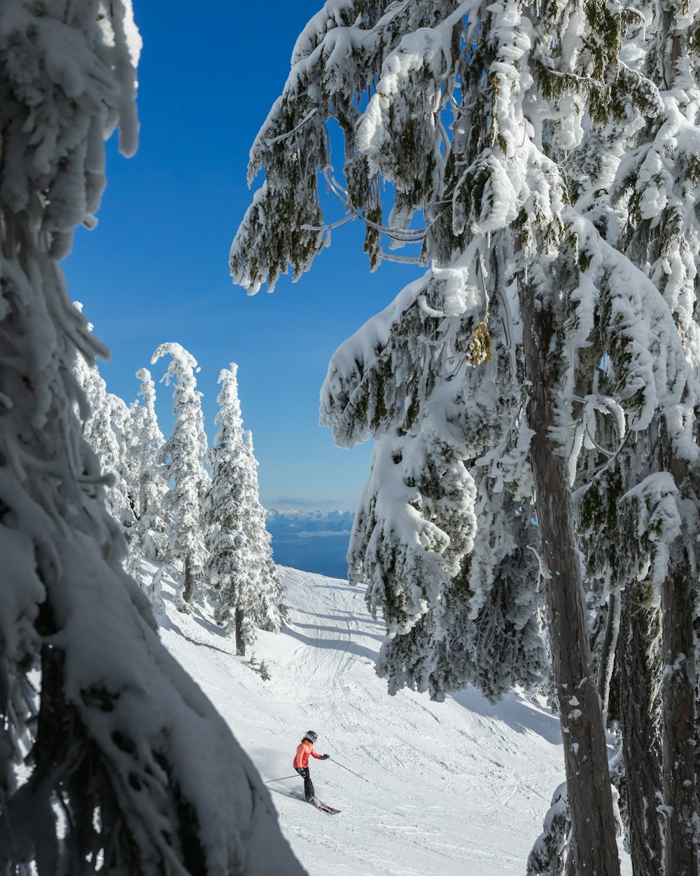 a person riding skis down a snow covered slope