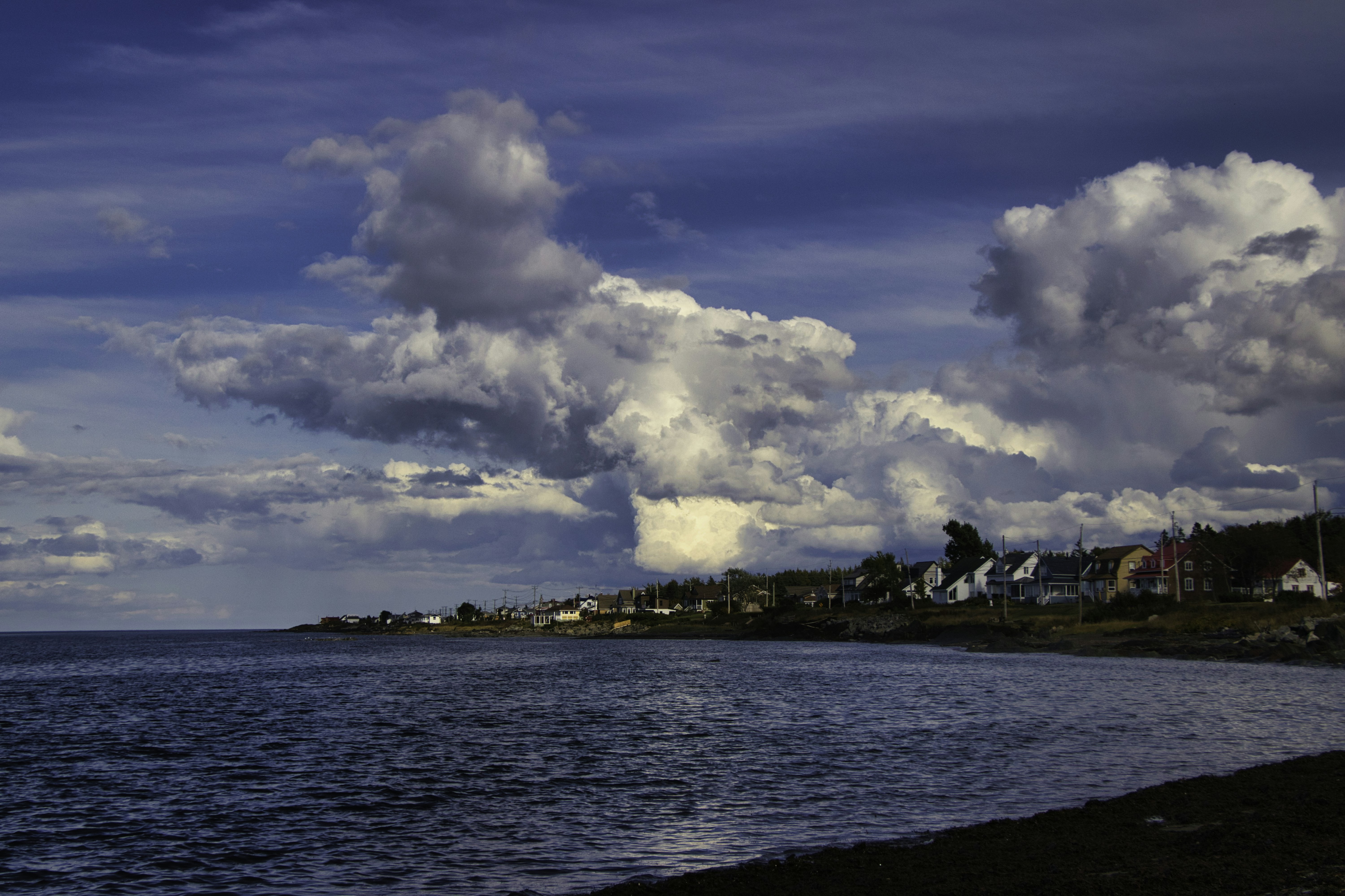 a body of water with houses on the shore