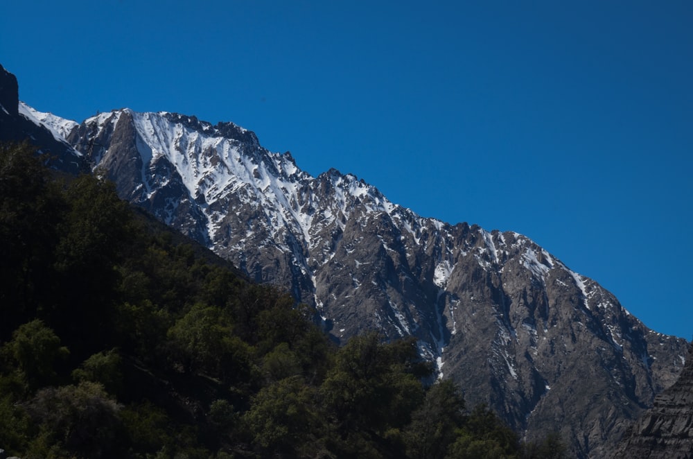 a view of a snow covered mountain from below