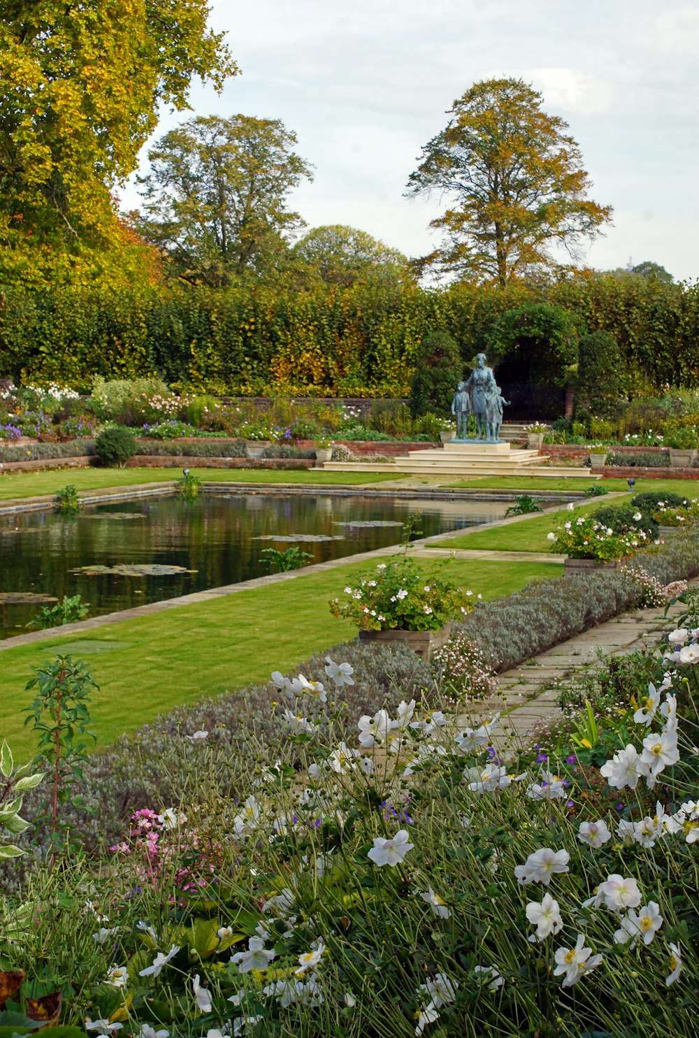 a garden with a pond surrounded by flowers