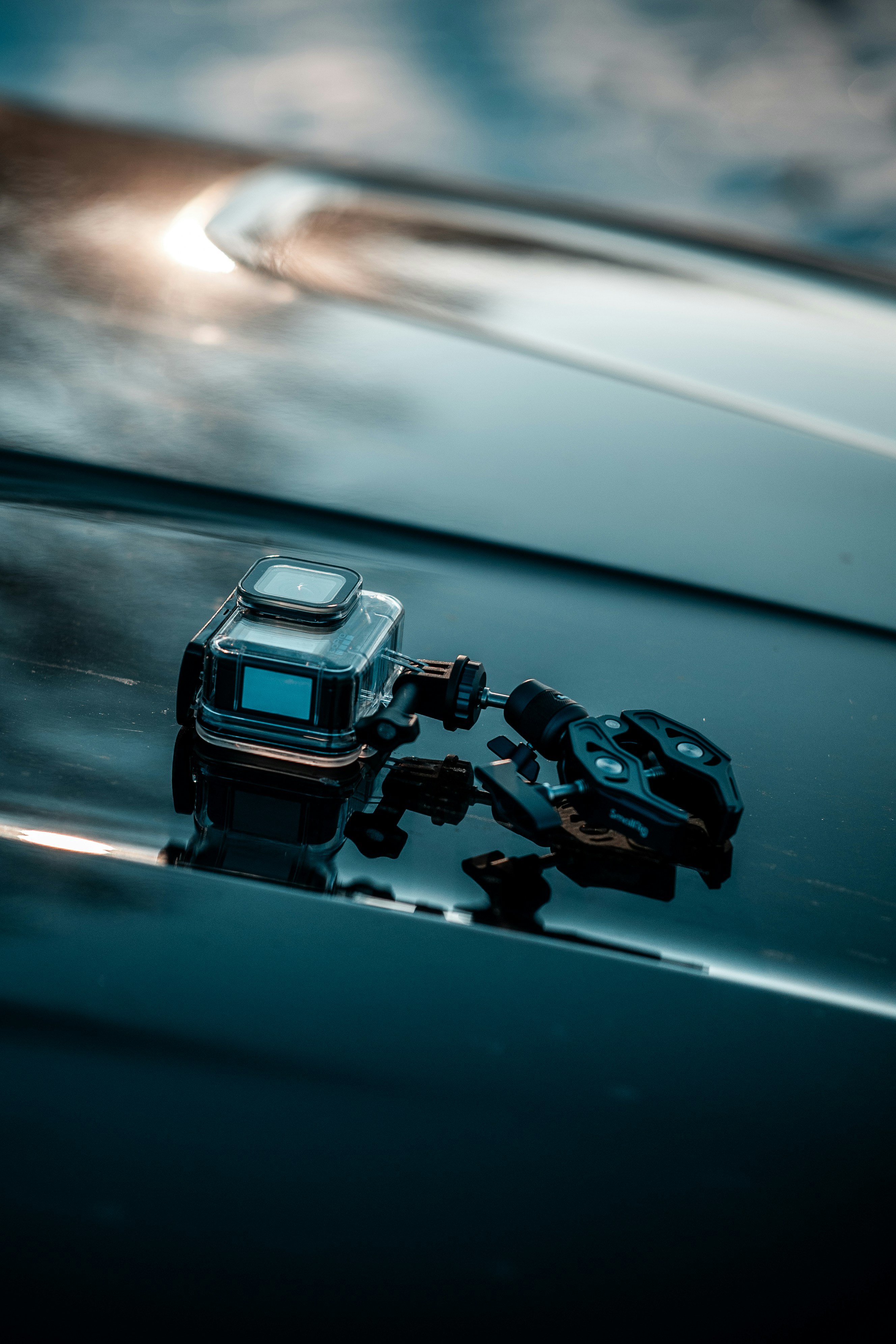 a close up of the hood of a car