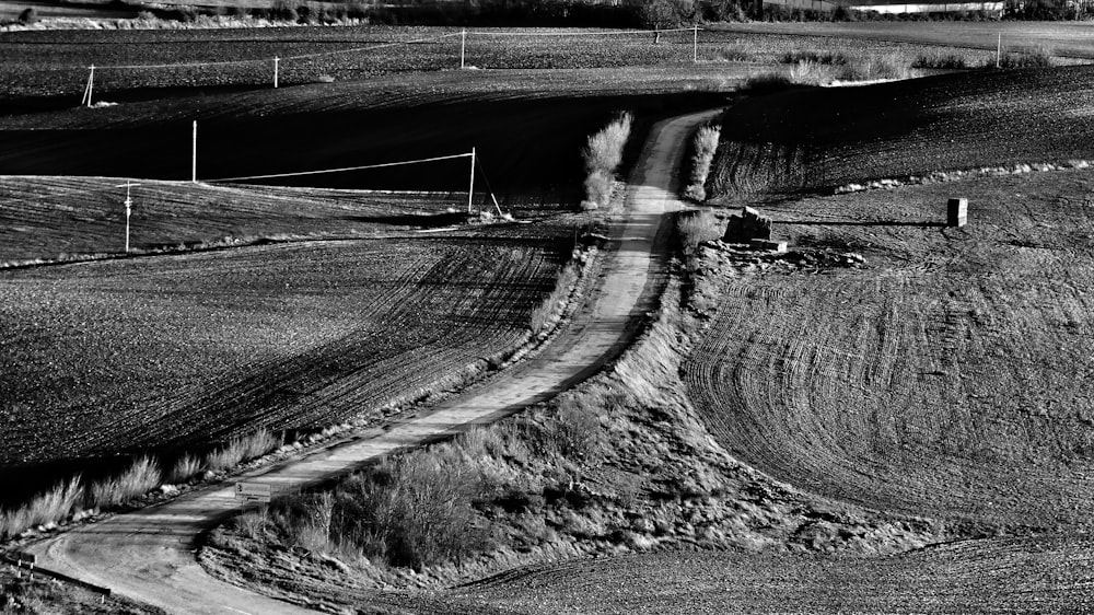 a black and white photo of a dirt road