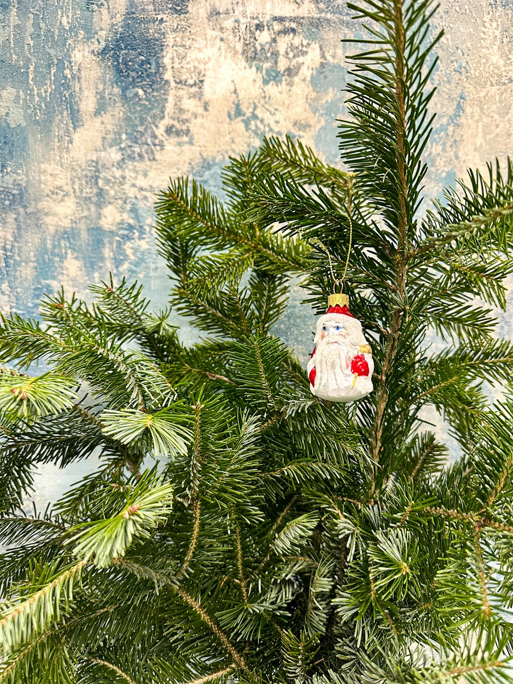 a christmas ornament hanging from a pine tree