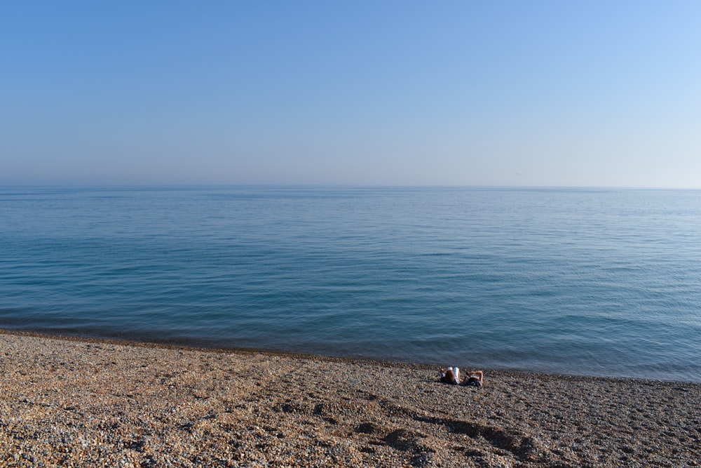 a couple of people sitting on top of a sandy beach