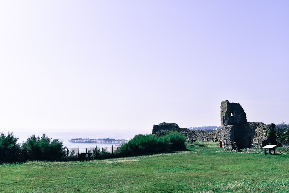 a grassy field with a stone building in the background