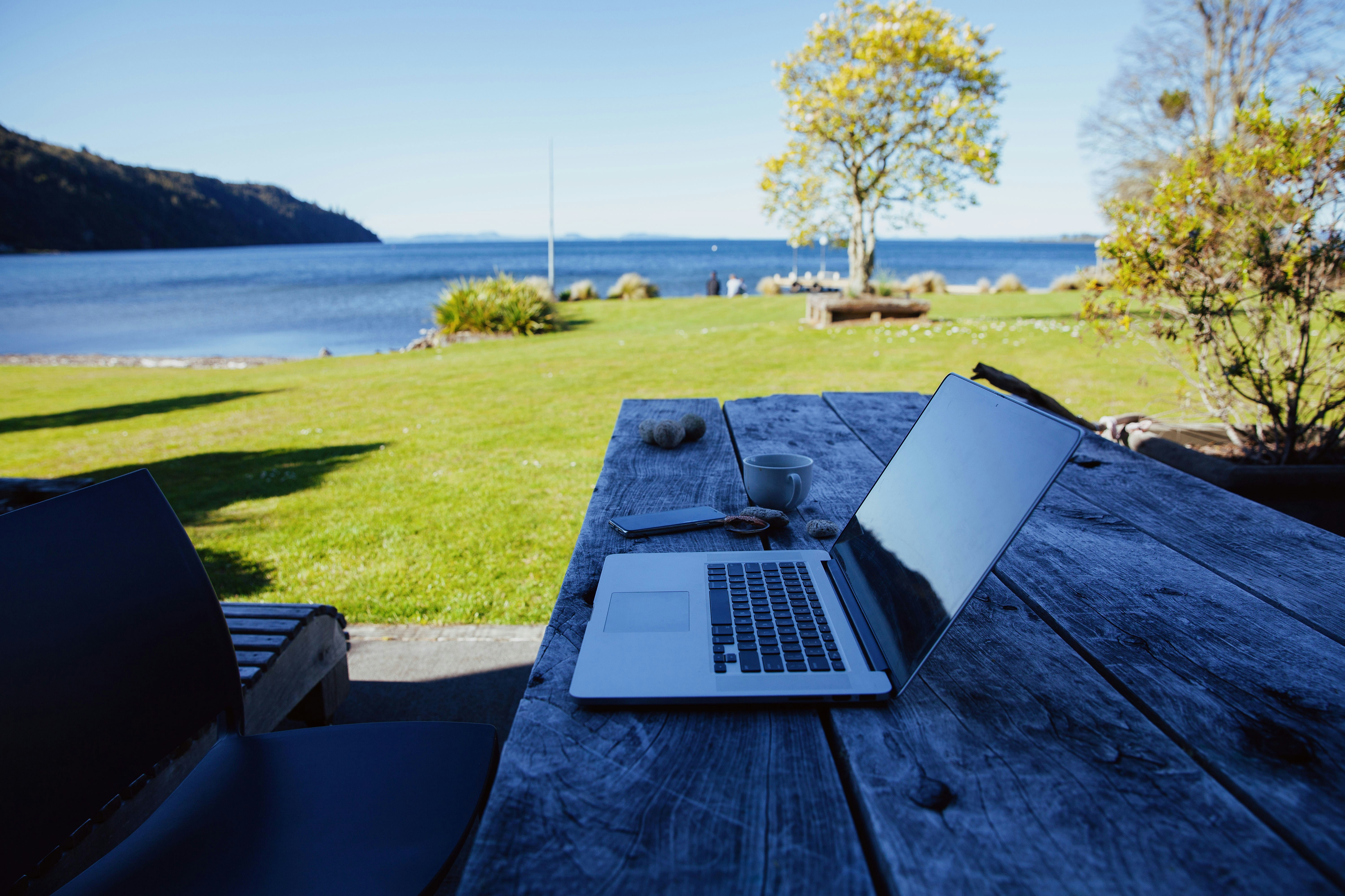 Remote work landscape with mountain view