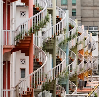 a row of buildings with a bunch of plants growing on the balconies