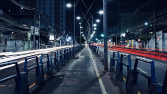 a city street at night with street lights