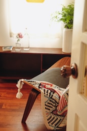 a living room with a couch and a potted plant