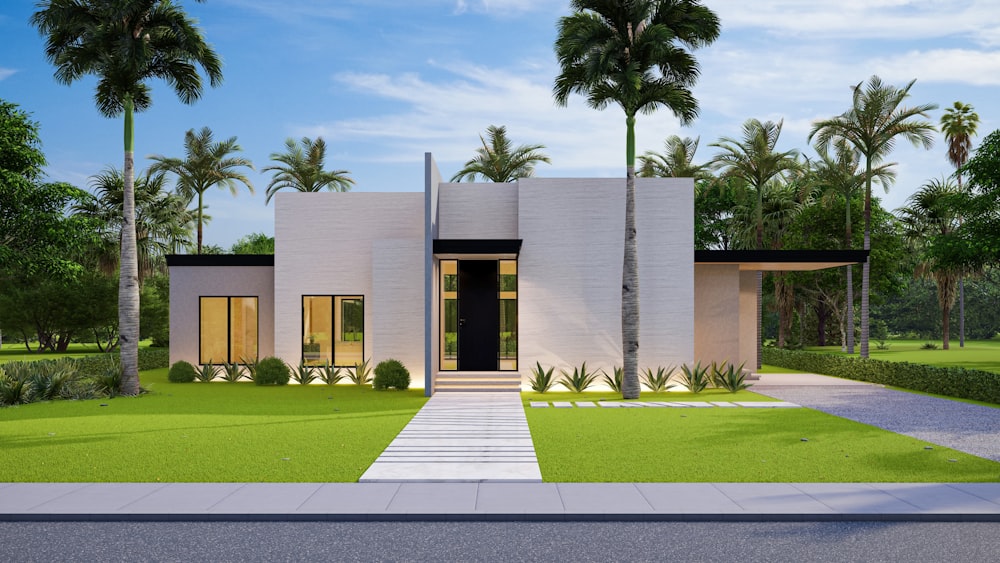 a rendering of a modern house with palm trees