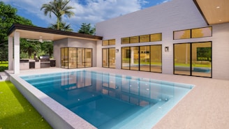 a modern house with a pool in the middle of the yard