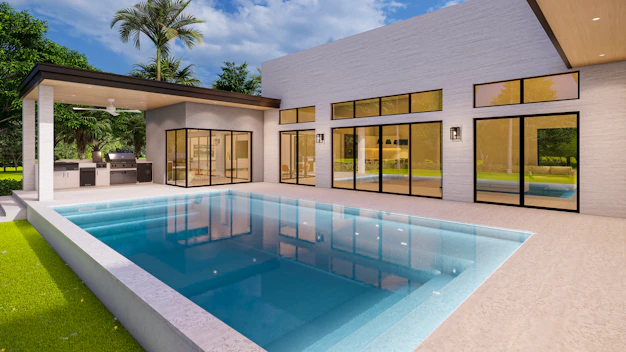 a modern house with a pool in the middle of the yard