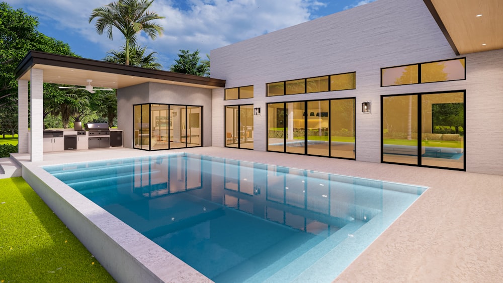 a modern house with a pool in the middle of the yard