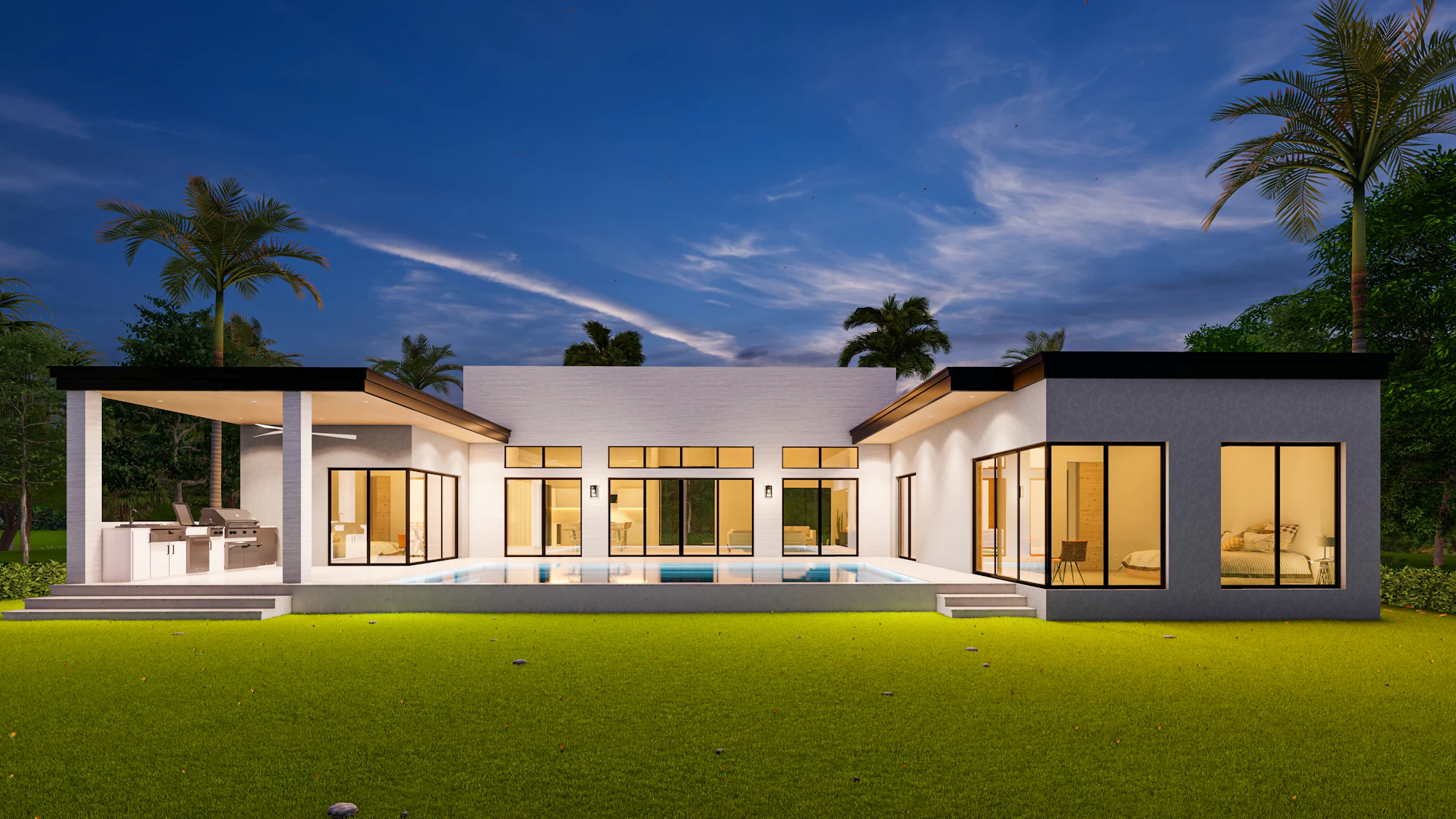 Alacakaranlıkta ışıkları yanan modern bir konut