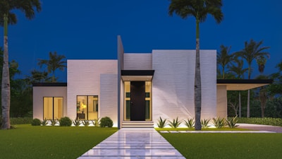a modern house with a walkway leading to the front door