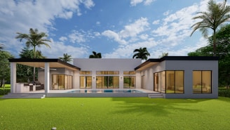 a rendering of a modern house with a swimming pool