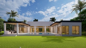 a rendering of a modern house with a swimming pool