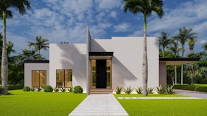 a rendering of a modern house with palm trees