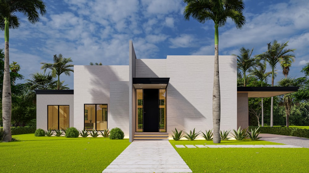 a rendering of a modern house with palm trees