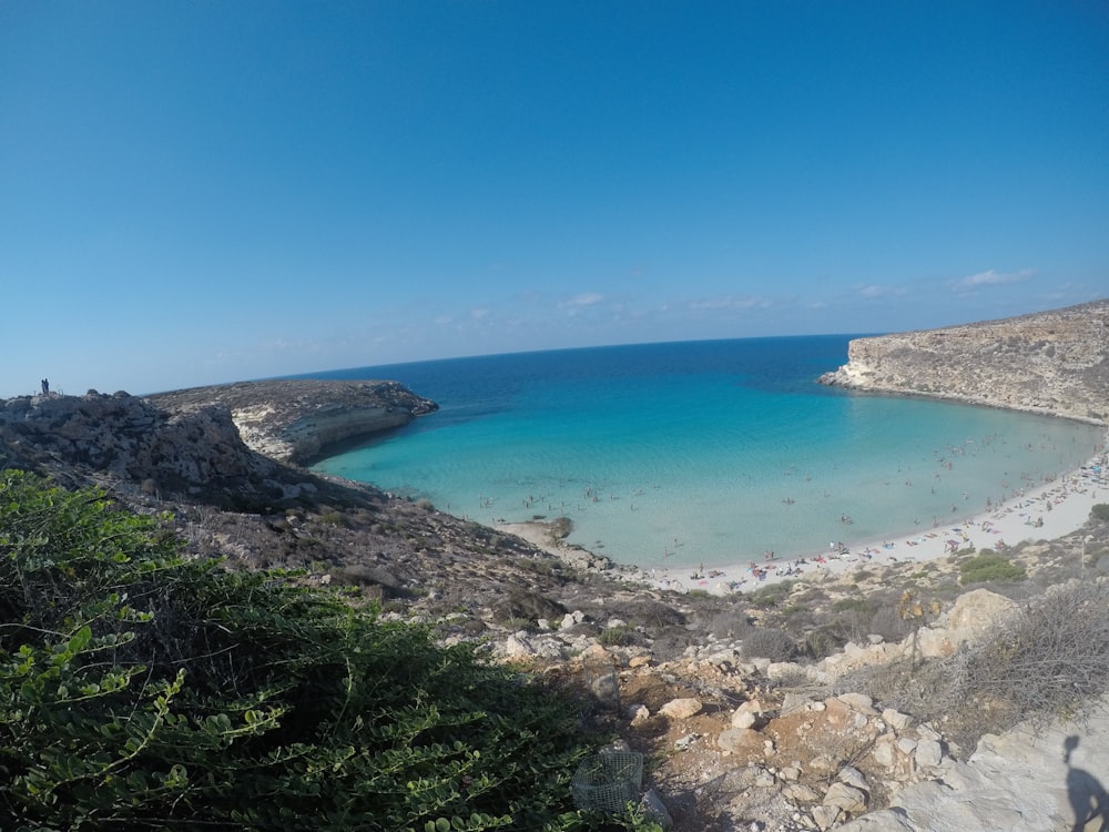 una vista su una spiaggia con acqua cristallina