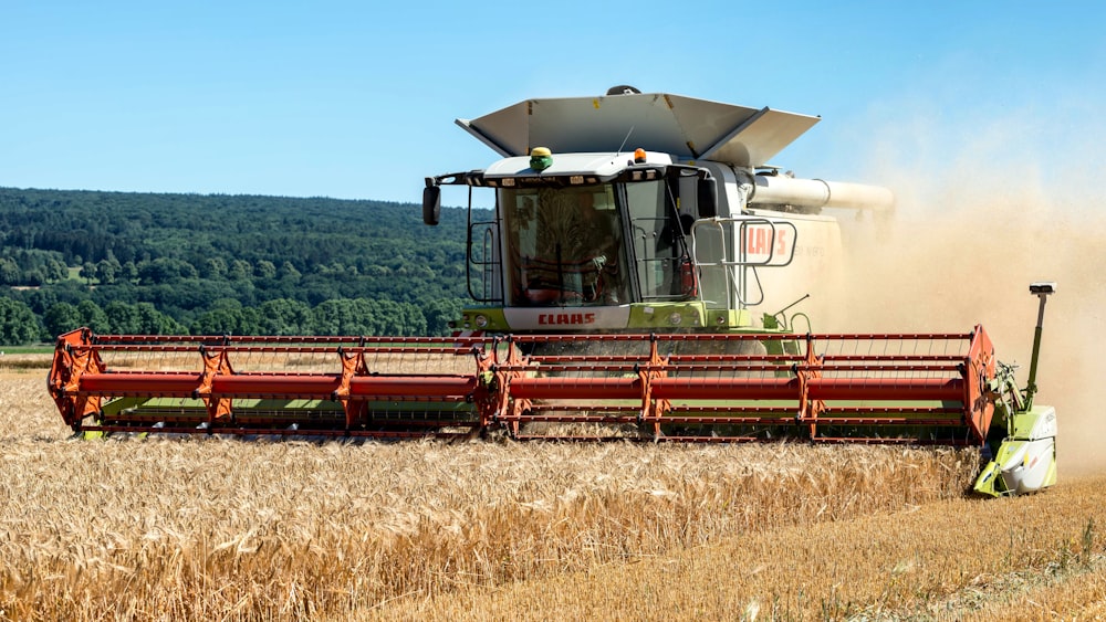 a combine of grain being harvested in a field