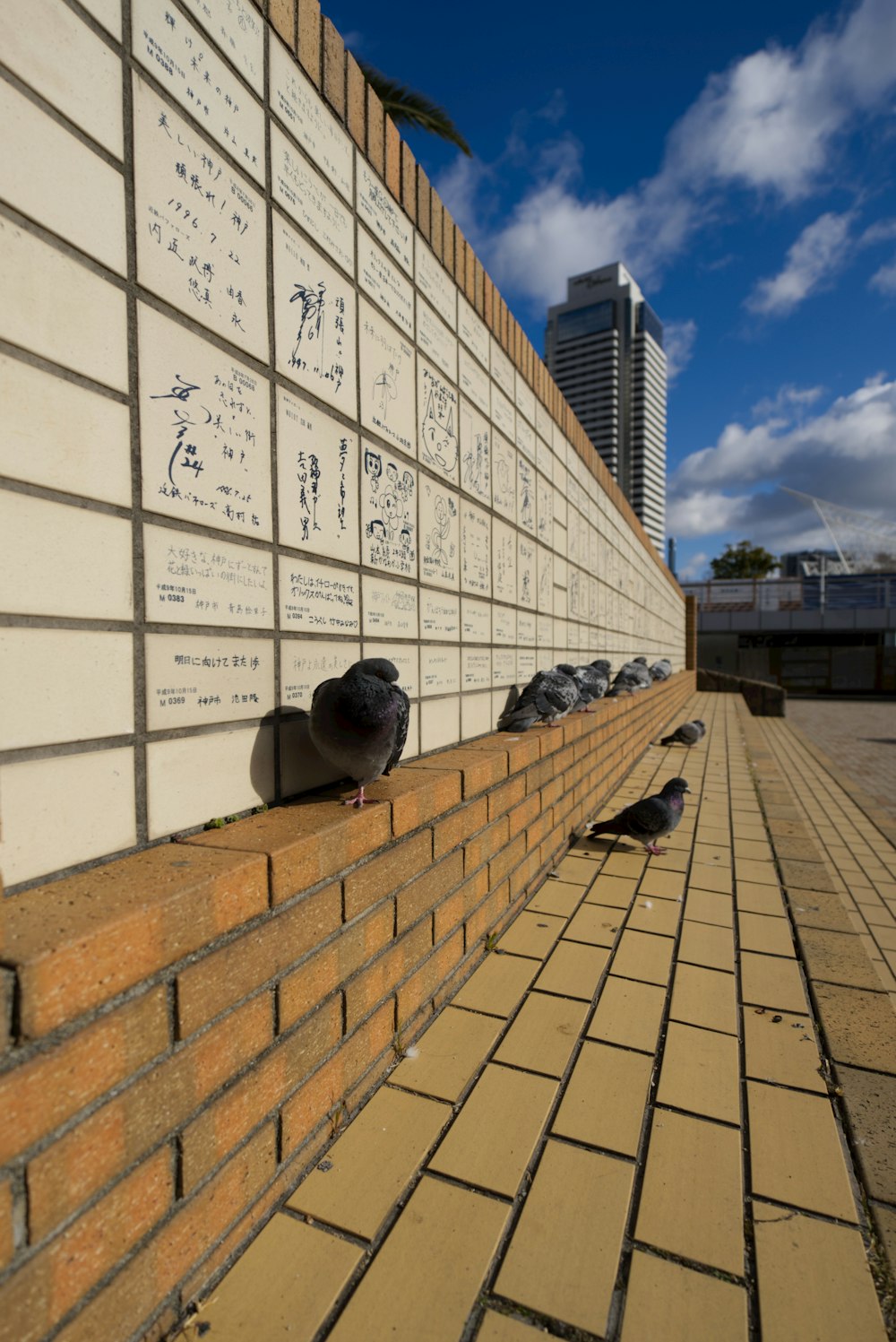 pigeons are sitting on the side of a brick wall