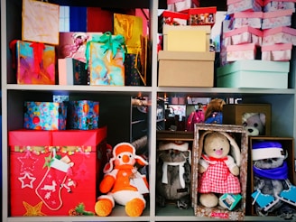 a shelf filled with lots of boxes and stuffed animals