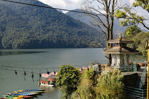 a group of boats parked on the shore of a lake